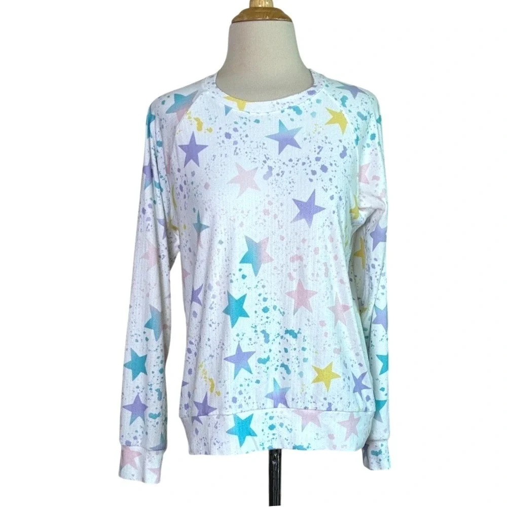 PJ‎ SALVAGE Medium Cozy Pastel Star Splatter Long Sleeve Pajama Top Loungewear